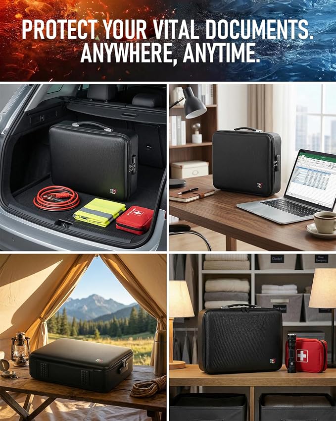 Fireproof Document Box - Hard-Shell Design Waterproof & Fireproof Document Safe with Lock, Fire Box Safe for Documents, Laptops, Passports Ex.16.5 x 12 x 5 inches, Black