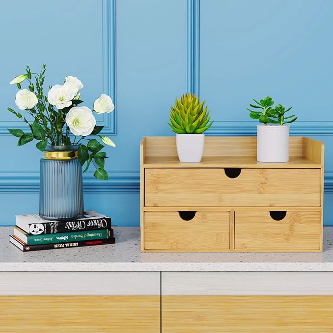 Wisuce Bamboo Desk Drawer Organizer, Desktop Organizer with Drawers Tabletop Storage Organization Box for Office Home Toiletries Supplies Vanity, No Assembly Required(1 with shelf-3 Drawers)