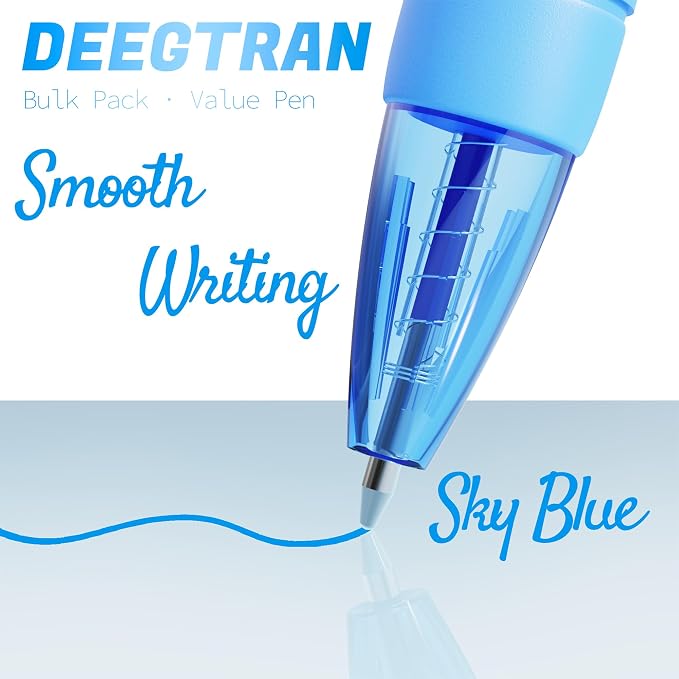 deegtran Pens Bulk, 30 Pack No Bleed Sky Blue Ink Click Pens with Soft Grip, Wholesale Retractable Ballpoint Pens for Office School, Medium Point Smooth 1.0MM