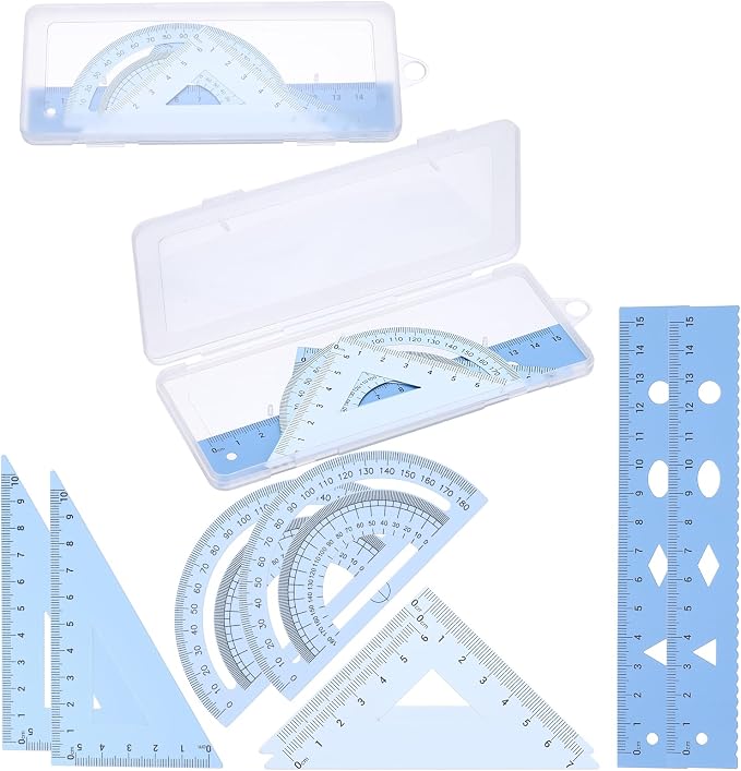 PATIKIL Geometry Set, 2 Pack 6 Inch Aluminum Ruler & 4 Triangles, Metal Protractor Ruler Math Drafting Measuring Tool for Home Office Math Drawing Engineering Art,Gradient Blue