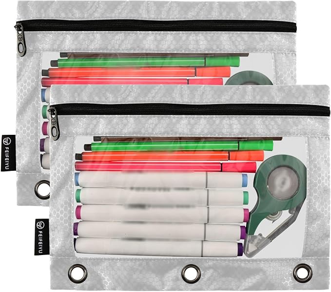 Gredecor Binder Pencil Pouch 3 Ring Grey Zipper Pencil Pouches Case 2 Pack Clear Binder Organizer for School Office