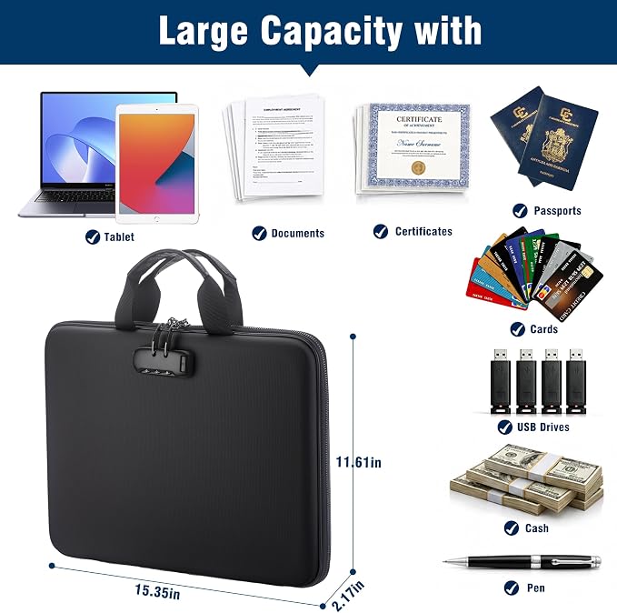Fireproof Document Box with Lock, Hard-Shell Case Fireproof File Organizer with 13 Pocket Accordion File Folder, Portable Home Office Travel Safe Storage for Important Documents Laptop