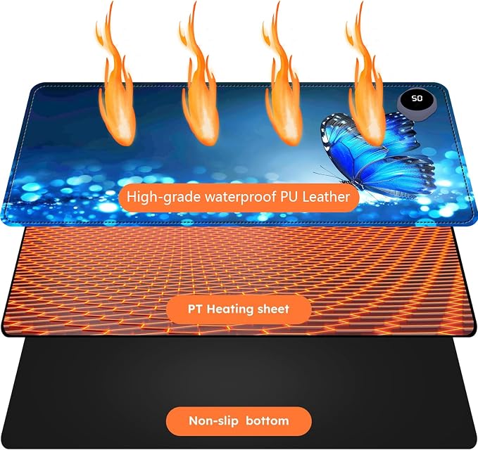 Heated Mouse Pad with 3 Levels Heated & 3 Hours Auto Shut-Off Mouse Pad for Warming Hands in Office Home, 23.6" x 14.2"Large Safe Desk Mat Hand Warmer，Glittering Butterfly