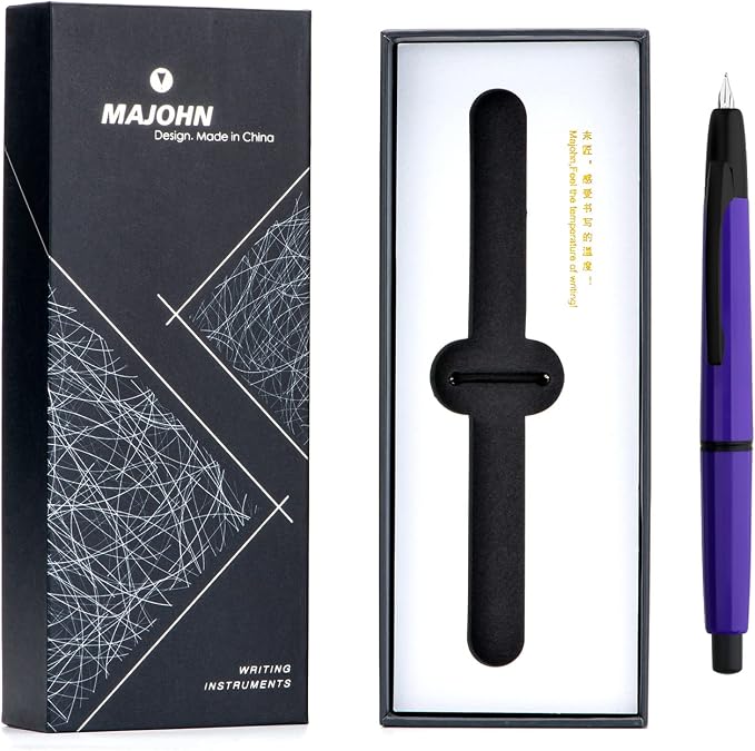 erofa Majohn A2 Press Fountain Pen Extra Fine Nib with Box, Retractable Purple Resin Ink Pen with Converter Writing Set (Black Clip Version