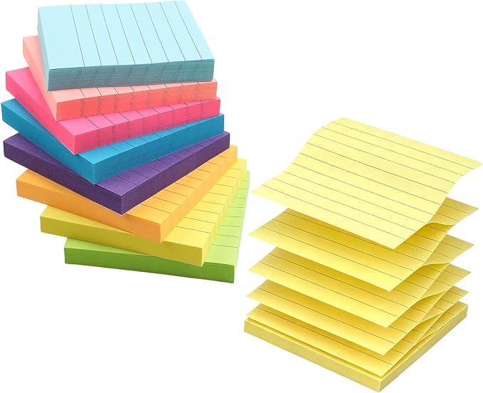 Lined Sticky Notes Pop Up Sticky Notes with Lines 8 Pads 8 Colors 3x3 100 Sheets Large Self-Stick Lined Stickies College Ruled Note Pads Teacher Back to School Supplies and Oﬃce Products