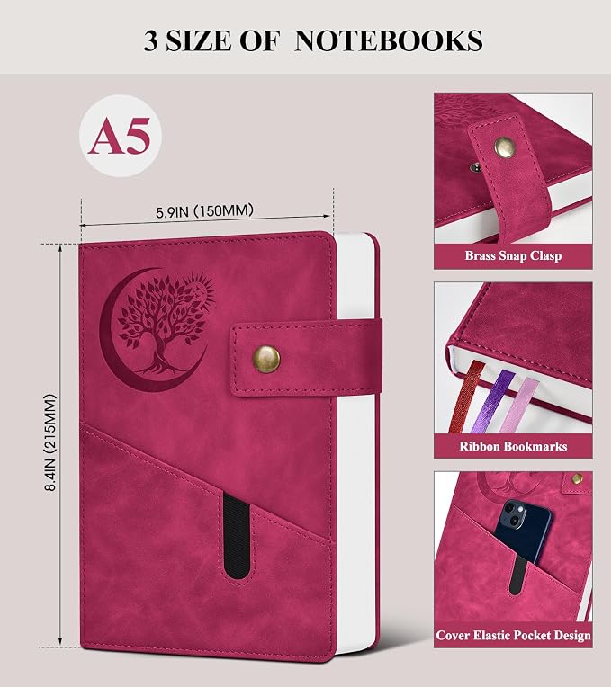 PAIBAS A5 Journal Notebook College Ruled 366 Page Leather Journal for Women | Medium notebook A5 journal with 100gsm lined notebook paper, 3 ribbon bookmarks, cover pocket & brass snap button 5.9"x8.4"