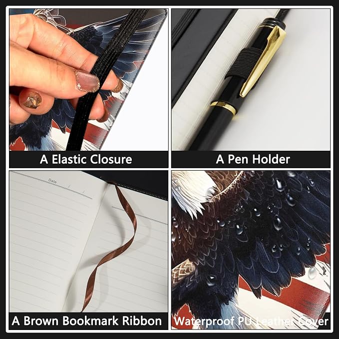 A5 Leather Lined Journal Notebook, 200 Pages Hardcover Executive Notebook for Office School Note Taking, Thick Writing Paper Daily Journal with Bookmarks/Indexes, American Flag Bald Eagle