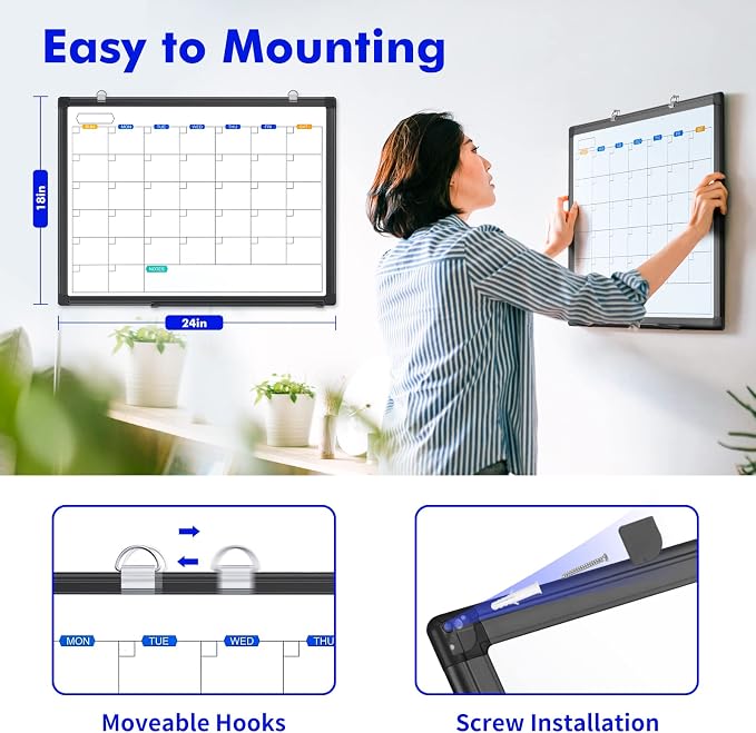 White Board Calendar Dry Erase for Wall, 24" x 18" Aluminum Frame（Black） | Magnetic Monthly Planner Board, Wall Mounted or Hanging. Calendar Design Suitable for Daily Planning of Home, Office, Class