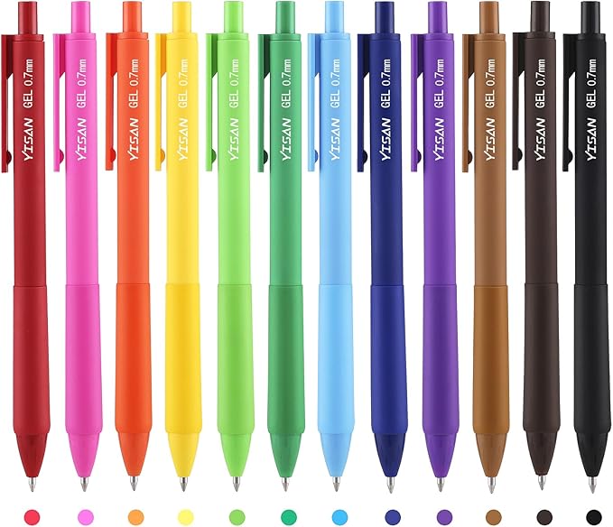 YISAN Colored Gel Pens,12 Pcs,0.7mm Fine Point | Retractable, Quick-Dry Ink, Smooth Writing for Journaling, Note Taking, Roller Ball Point, 71082