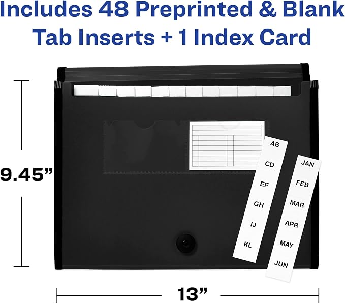 Avery Expanding File Folder Organizer, 13-Pocket Accordion File Organizer, Black, Holds 425 Letter/A4-Size Sheets (73553)