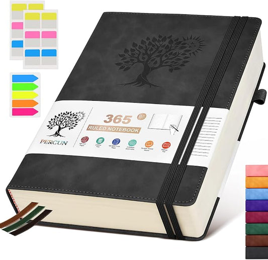 PERCUN B5 Lined Journal Notebook - 365 Page Large Leather Journals for Writing Women Men，Hardcover Notebook with 100Gsm Thick Pages，Daily Diary for Travel, Work，School，College Ruled (7.6" x 10.3")