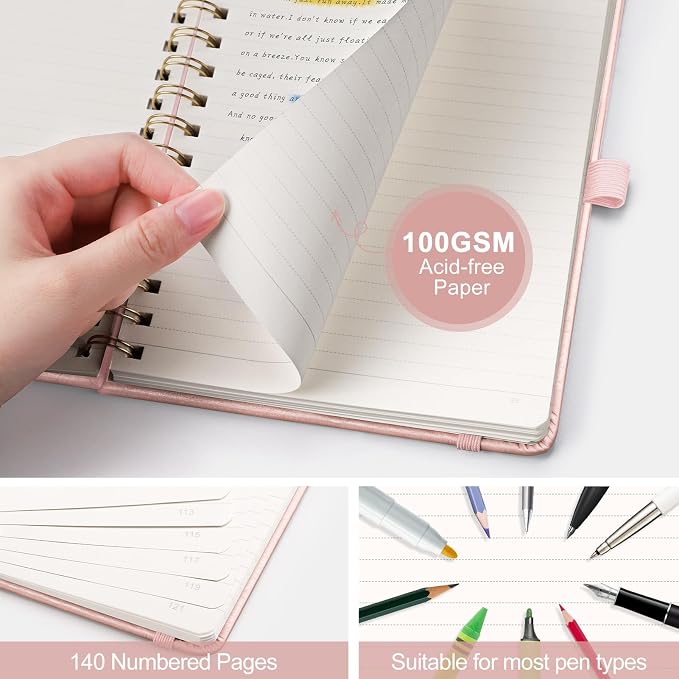 AHGXG Lined Spiral Journal Notebook, 140 Pages, A5 (5.7" x 8.3") | Journals for Women, Hardcover Leather Notebook College Ruled, 100 GSM Paper, for Work School Note Taking (Rose gold)