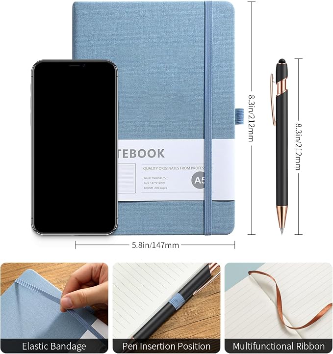 Personalized Notebook with Pen - Customizable A5 Journal Notebook Daily Journals For Writing - 5.8 x 8.3 Journal with 192 Pages 100Gsm Lined Paper for School, Travel, Business, Grey