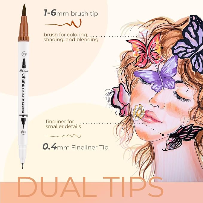 Ohuhu Skin Tone Markers 36 Colors: Dual Tip Brush and Fineliner Markers for Adult Coloring Water Based Art Skintone Marker Pens Set for Portrait Drawing Lettering Writing Calligraphy Journaling - Maui | Brush and Fineliner Markers for Adult Coloring Wa...