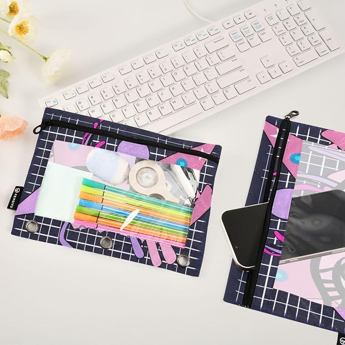 Cartoon Anime Eyes Pencil Pouch Fits standard 3-ring binders, Zipper Binder Pencil Bag with Clear Window for Office 2 Pack
