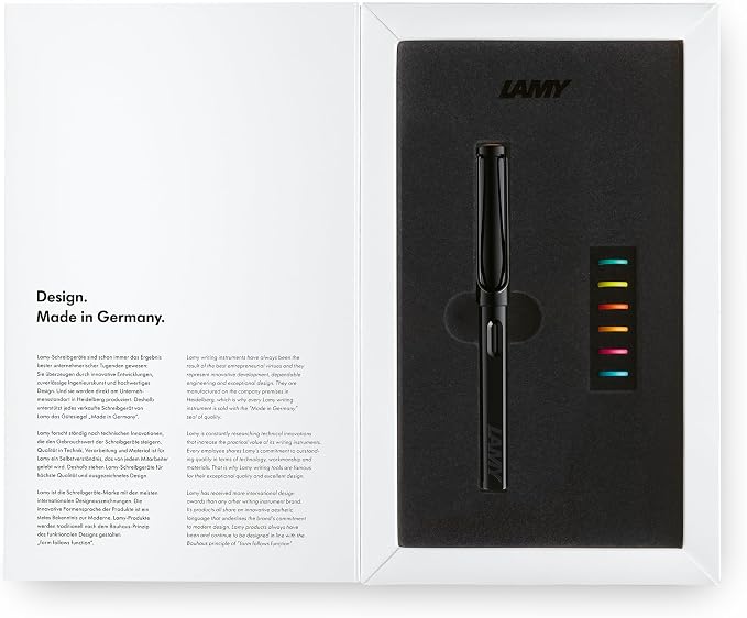 Lamy safari multicolor Fountain Pen Set all black – Special Edition with 6 Interchangeable Colored Rings – Steel Nib in Width EF – incl. blue Ink Cartridge T10 & Gift Box