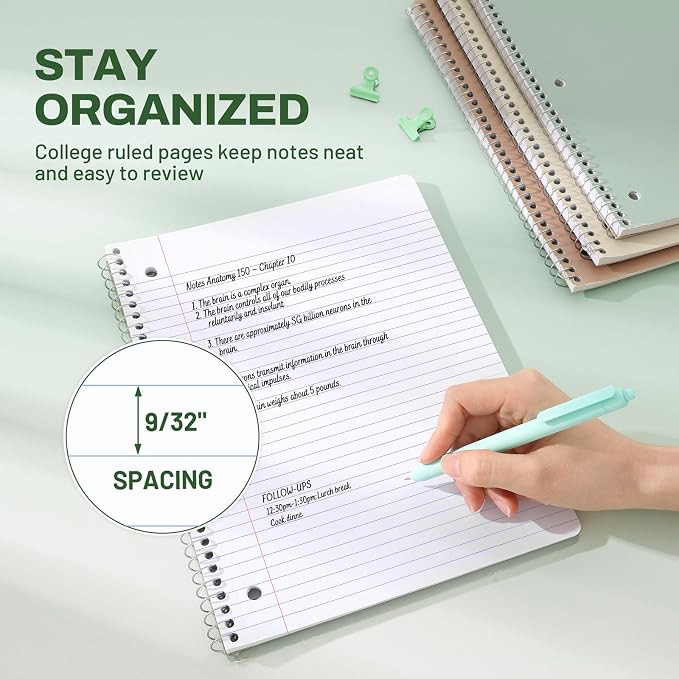 SUNEE Spiral Notebooks, 3 Pack, 1-Subject, College Ruled Paper, 8" x 10-1/2", 70 Sheets per Notebook, Assorted Aesthetic Colors Spiral Notebooks for School