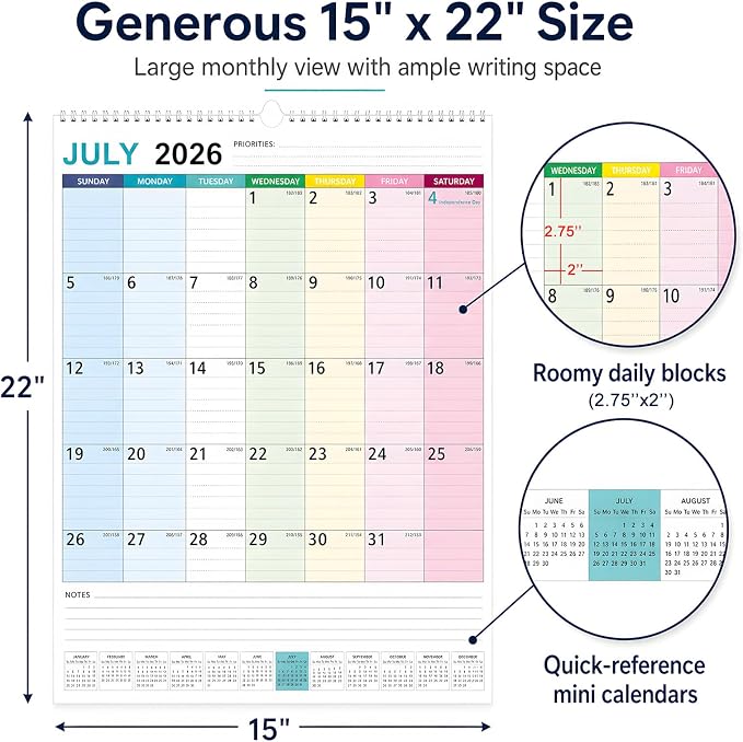 Large Wall Calendar 2026-2027, 18 Month Vertical Wall Calendar Jul 2026 – Dec 2027, 15" x 22" with Thick Paper & Large Blocks for Home Office Colorful
