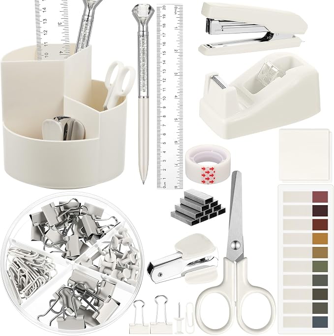 Marspark Beige Desk Accessories Office Supplies Set, 12 Pcs | 360° Rotating Pen Holder, Stapler, Tape Dispenser, Scissor, Sticky Notes, Binder Clips, Desk Organizers Gift for School