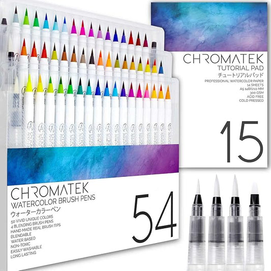 CHROMATEK 54 Watercolor Pens Set | Including 15 Page Pad & Online Video Tutorial Series | 4 Aquapens & 50 Unique Colors | Brush Pens | Easily Blendable, Vivid, Smooth | Professional Art Supplies