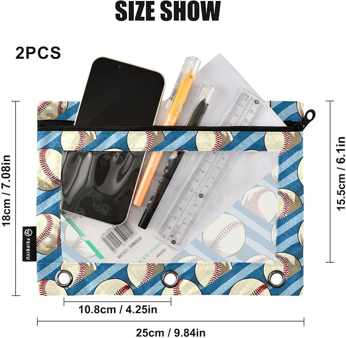 Binder Pencil Pouches, Retro Sport Pencil Case with Clear Window 3 Rings Cosmetic Bags Office Supplies 2 Pack