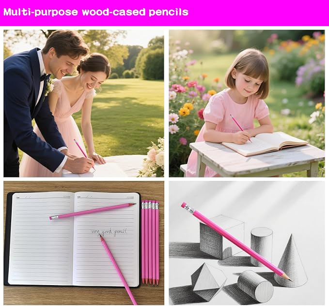 Adhere 25pcs Woodcase Pencils with Eraser Premium Pre-Sharpened Hexagon Graphite 2B pencils ideal for home, office writing including a Free Sharpener(Pink・25pcs)
