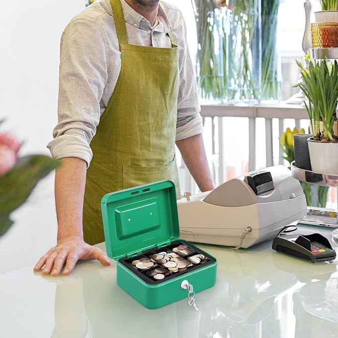 KYODOLED Medium Cash Box with Money Tray,Small Safe Lock Box with Key,Cash Drawer,7.87"x 6.30"x 3.54" Green Medium