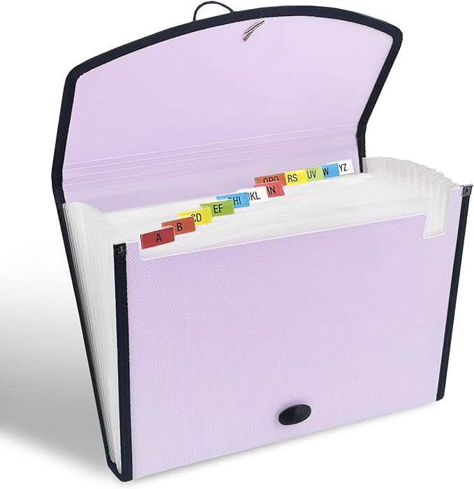 H4D 13-Pocket Accordion File Organizer, Expanding File Folder, Pale Lilac | Extra Back Mesh Pocket, Letter Size Paper, Pre-Printed and Customizable Labels, Expandable Document Organizer