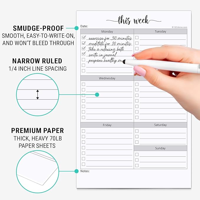 321Done Weekly Checklist Notepad, 5.5x8.5 Size Pad - 50 Tear-Off Sheets, Undated Monday-Sunday Schedule, Daily Task Planner for Home, Office & Student Use - Made in USA