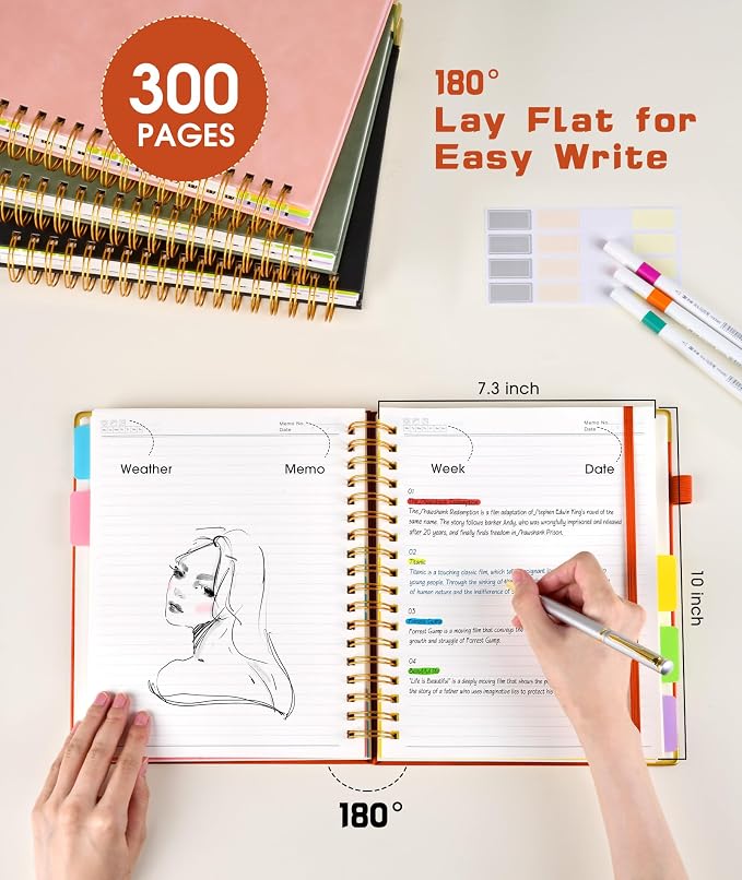 Hardcover Spiral Notebook Journal with Removable Dividers Tabs, 300 Pages Leather 5 Subject Notebook College Ruled, 8"x10" Large B5 Notebooks for Work School Note taking, Lined Journal for Women, Orange