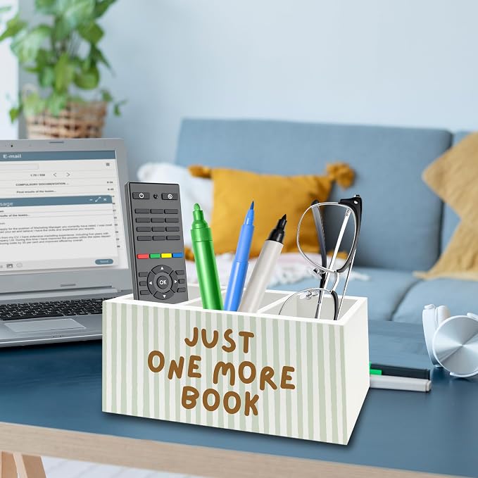 Book Lover Gifts Pen Pencil Holder Organizer for Desk, Just One More Book Bookish Wooden Box Signs Decorations for Reading Room Library Desk Tabletop, Bookworm Bookish Reader Gifts