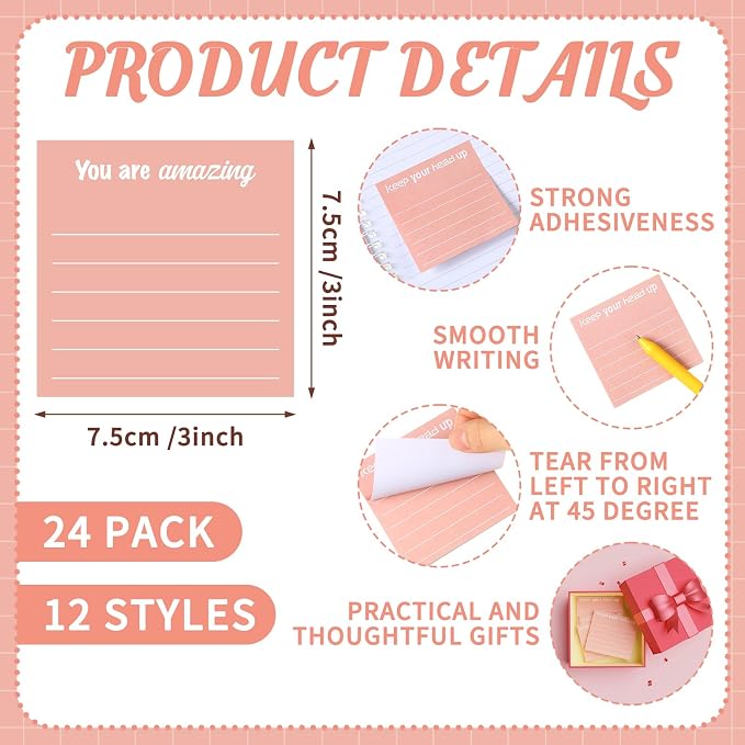 Yinder 24 Pcs Inspirational Sticky Notes, Back to School Supplies, Cute Motivational Sticky Notes Pad Employee Appreciation Gifts Bulk for Teacher Coworker Office 3 x 3'' (Inspirational,Rose Gold)
