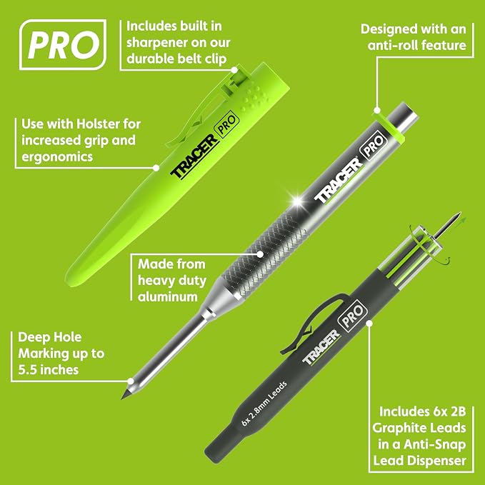 Tracer Pro Aluminum Deep Hole Construction Pencil - Durable Mechanical Carpenter Pencils Set with Sharpener & 6 Replacement Leads Holster Woodworking Marking Tool Contractor Pencil Kit