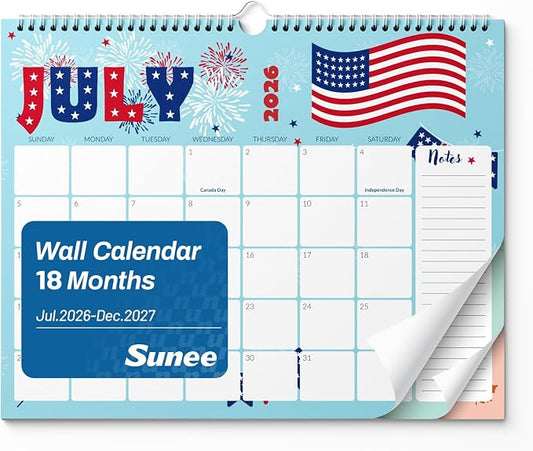 SUNEE 2026-2027 Calendar - 18 Months Wall Calendar Jul. 2026 - Dec. 2027, 14.5"x11.5" Big Grid Hanging Calendar with Note for Organizing & Planning, Cute