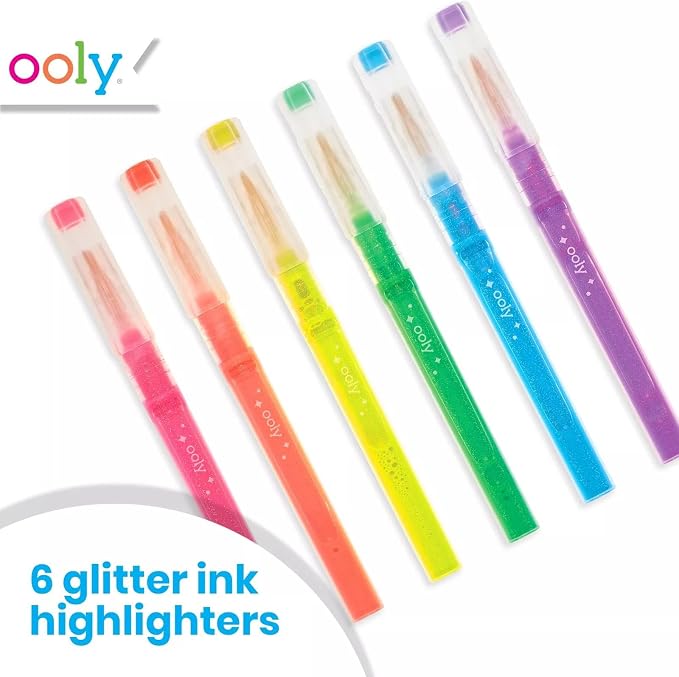 OOLY Oh My Glitter Neon Highlighters, Set of 6 | Ages 8+, Chisel Tip Glitter Markers, Liquid Neon Ink, Acid-Free, Great School and Stationery Supplies for Kids