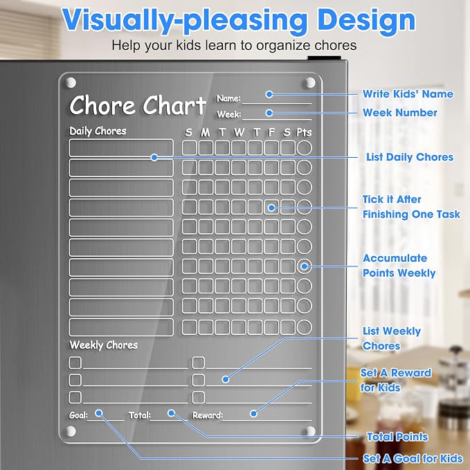 Acrylic Chore Chart Clear Dry Erase Checklist Chore Boars for Family Chores Checklist Reward Chart Responsibility Chart, 12x9'', 2 Boards