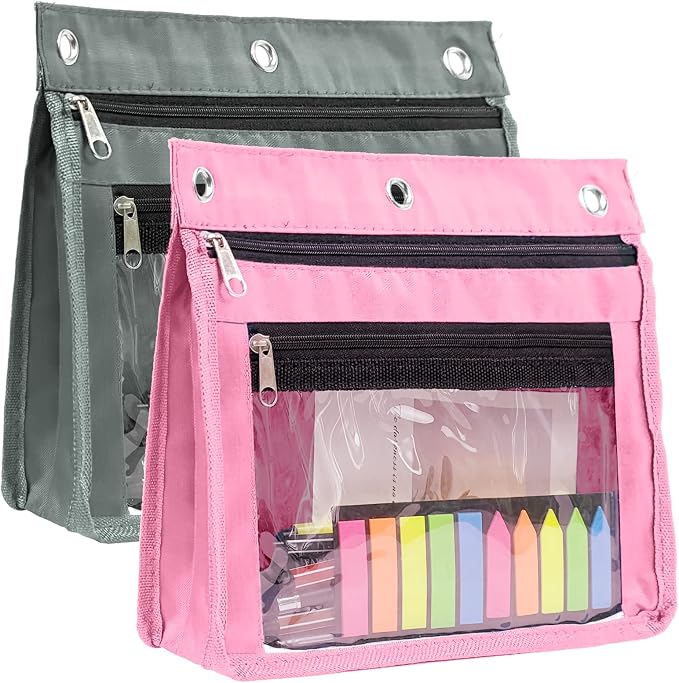 YoeeJob 2 Pack 1 Inch Expandable Zipper Pencil Pouches with Clear Window for 3 Ring Binder, Suitable for School & Office (Grey+Pink)