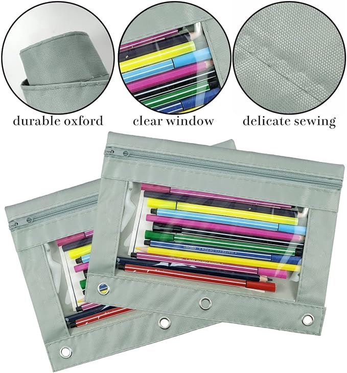 YoeeJob Pencil Pouch for 3 Ring Binder, Zipper Pencil Pouches Bulk, Pencil Case Pouch with Clear Window for Class, School, Office, Grey, 24 Packs