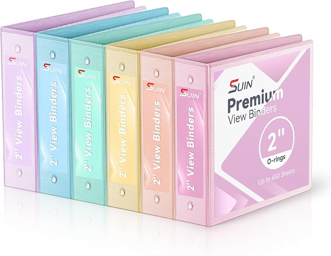 SUIN 2-Inch 3-Ring Binders with 2 Interior Pockets, Heavy Duty Clear View Presentation Binder Holds 425 Sheets Letter Size, Office School Home,6 Pack (Brushed Pastel)
