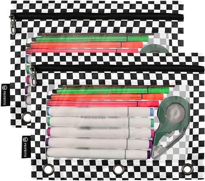 Race Checkered Flag Pencil Pouches for 3 Ring Binder 2 Pack | Binder Pencil Case With Zipper Reinforced GrommetsPencil Bags for Office Organizers