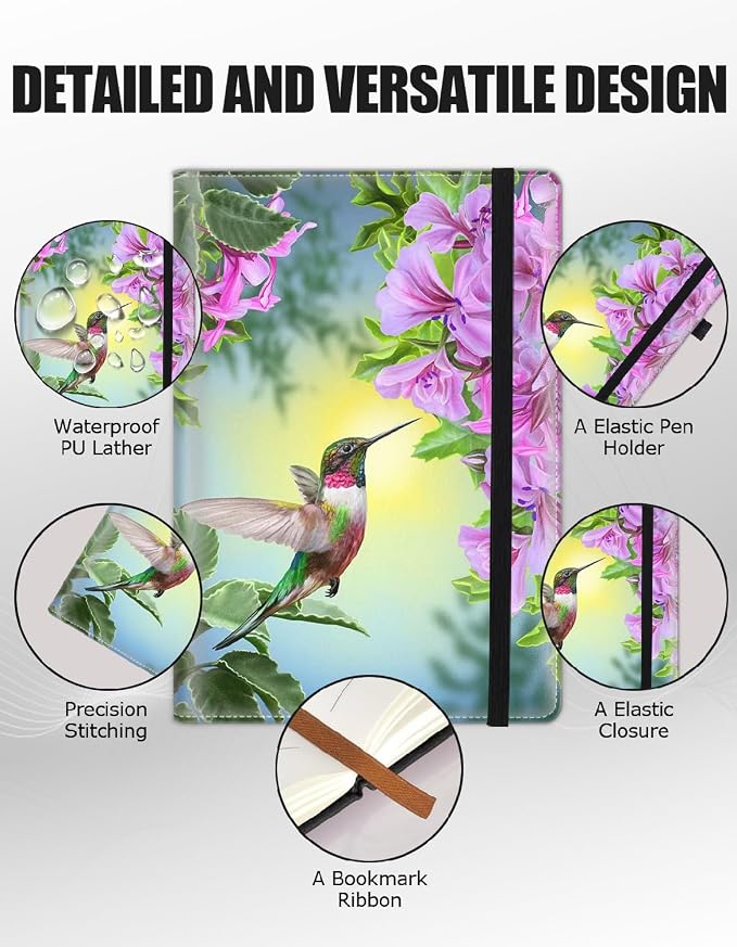 Hardcover Executive Notebooks, A5 PU Leather Lined Journal Notebook, 200 Pages Thick Paper Subject Notebooks for School,Work,Home Writing Business Notebook, Diary Book ，Hummingbird and Flower