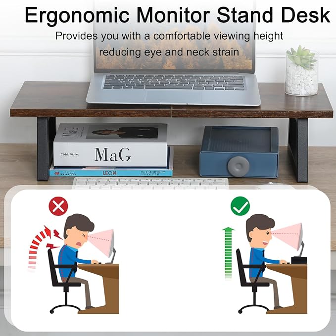 TEAMIX 24 inch Monitor Riser for Desk, Wood & Steel Computer/TV Stand Brown | Laptop, PC, Printer Stand Riser, Holds 150lbs, Desktop Organizer, Keyboard Storage, for Office, Home, Gaming, Craft Space