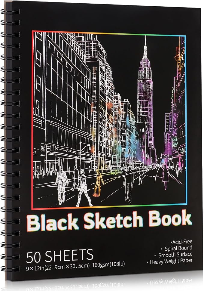 Black Paper Sketchbook 9 × 12 in, 50 Sheets, 160gsm, Spiral Bound | Acid-Free Black Paper, Heavyweight 108 Lb, Clean-Tear Pages, Hardcover, for Colored Pencil, Chalk & Gel Pens