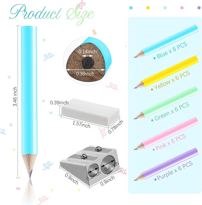 Marspark 30 Pcs Short Triangular Fat Pencils Bulk First Day of School 3.5 Inch Wooden Jumbo Pencils with Sharpener and 2 Erasers for Preschoolers, Kindergarten, Toddlers, Beginners(Bright Colors)