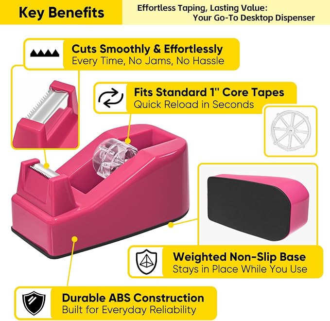 Desktop Office Tape Dispenser, Fits Standard 1-Inch Core Tapes, Weighted Non-Slip Base, Sharp Metal Blade, Smooth Cutting, Adhesive Roll Holder for Office, School, Shop, Home & Business - Rose Red