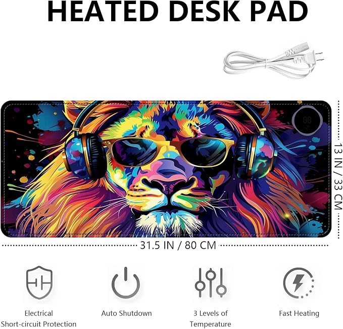Heated Mouse Pad with 3 Levels Heated & 3 Hours Auto Shut-Off Mouse Pad for Warming Hands in Office Home, 31.5" x 13"Large Safe Desk Mat Hand Warmer，Lion with Headphones