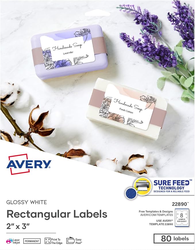 Avery Glossy White Labels, Sure Feed Technology, 2" x 3" Rectangle Labels, Print-to-The-Edge, Laser/Inkjet, 80 Total (22890)