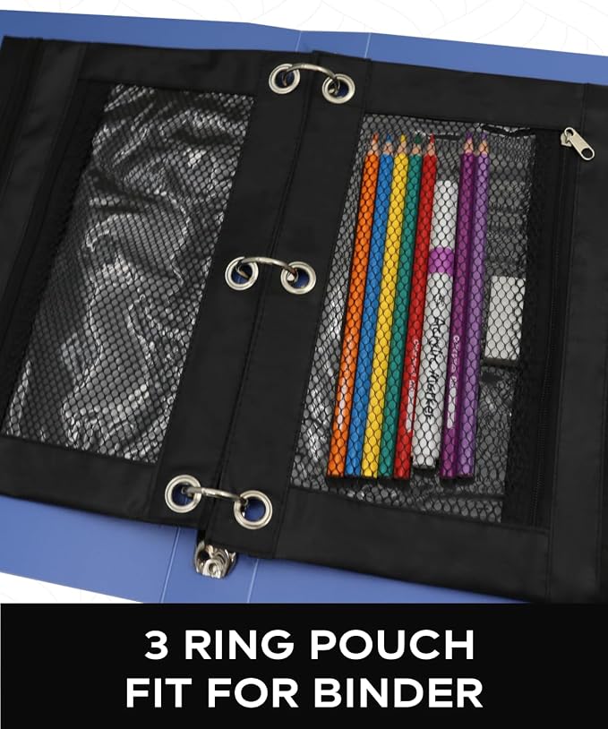 3 Ring Binder Pencil Pouch - Oxford Fabric Pencil Case with 2 Zippered Pockets, Clear Mesh Window Pencil Bag, B5 Size for Office & Travel Supplies (Black)
