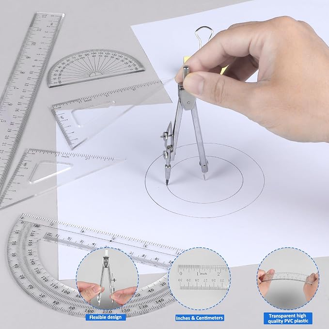 Coopay 7 Pcs Geometry Kit with Ruler, Triangle Ruler, Protractor and Compass Set | 12'' & 6'' Straight Rulers, 45°/60°Triangle Ruler, 6" & 4" Protractors, Compass, Geometry, Drafting, Math, School, Office