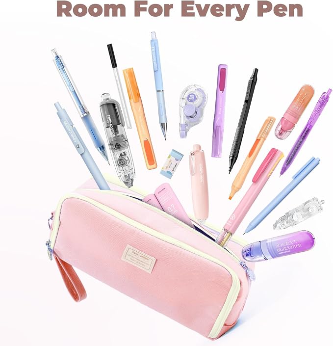 Four Candies Pink Pencil Case 3 Compartment, Large Pencil Pouch with Removable Handle & Zipper, Cute Stationery Organizer Big Pencil Case for Markers, Pencil Bag for Office College, Pink